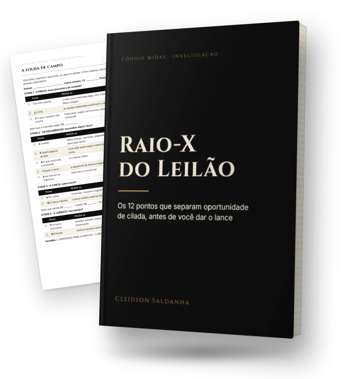 Capa do e-book Raio-X do Leilão, de Cleidson Saldanha, com a folha de campo dos 12 pontos ao fundo